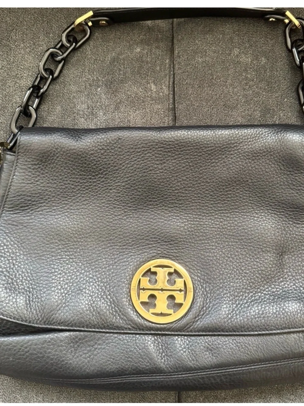 Tory Burch Black Pebbled Leather Shoulder Bag with Gold Logo Medallion